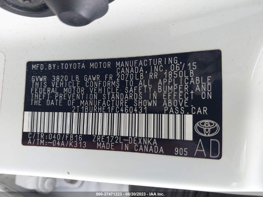 2015 TOYOTA COROLLA L/LE/LE PLS/PRM/S/S PLS - 2T1BURHE1FC460431