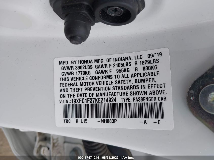 2019 HONDA CIVIC SEDAN EX - 19XFC1F37KE214924