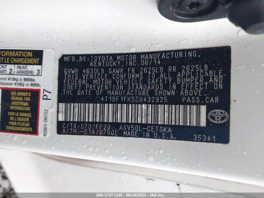 2014 TOYOTA CAMRY L/LE/XLE/SE/SE SPORT - 4T1BF1FK5EU432925