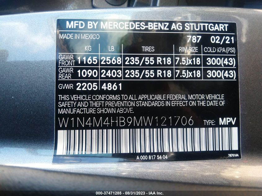 2021 MERCEDES-BENZ GLB 250 4MATIC W1N4M4HB9MW121706