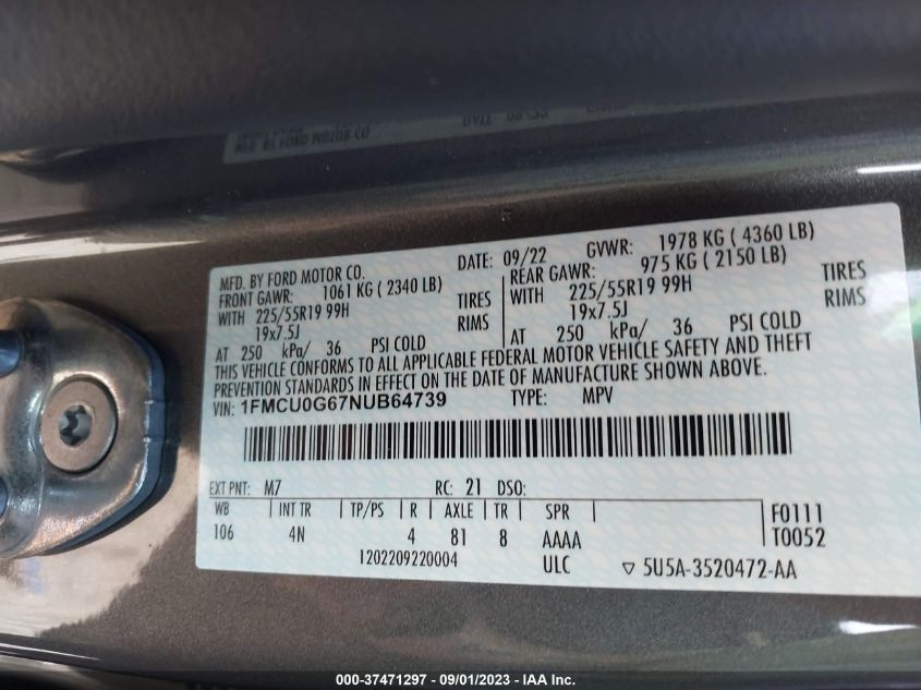 2022 FORD ESCAPE SE - 1FMCU0G67NUB64739