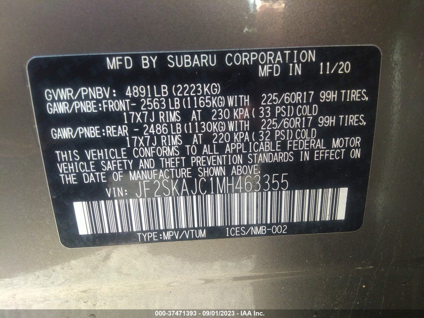 VIN JF2SKAJC1MH463355 2021 SUBARU FORESTER PREMIUM