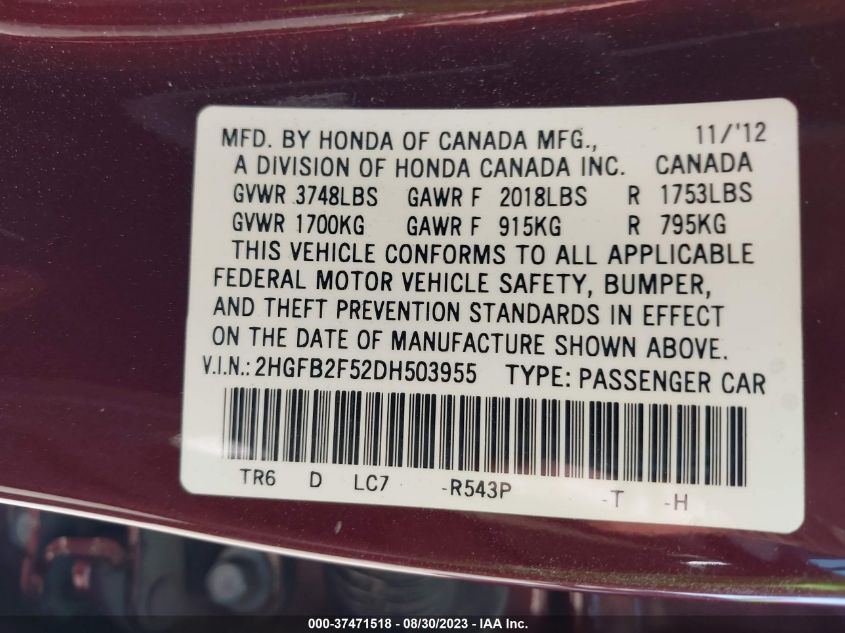 2013 HONDA CIVIC SDN LX - 2HGFB2F52DH503955