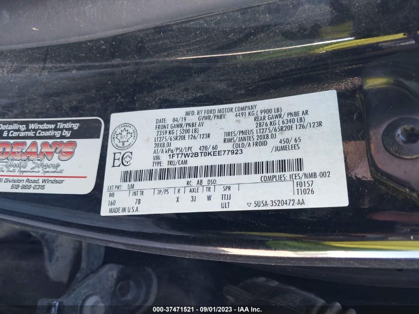 2019 FORD F-250 PLATINUM - 1FT7W2BT0KEE77923