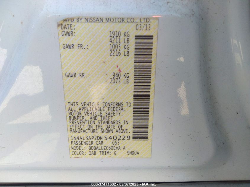2013 NISSAN ALTIMA 2.5/S/SV/SL - 1N4AL3AP2DN540229