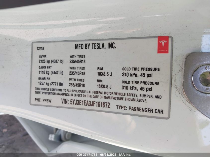 2018 TESLA MODEL 3 RANGE BATTERY - 5YJ3E1EA3JF161872