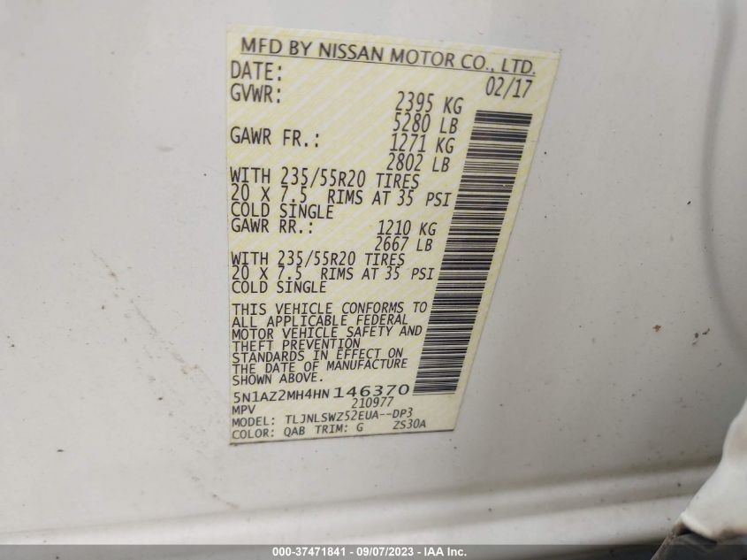 2017 NISSAN MURANO PLATINUM - 5N1AZ2MH4HN146370