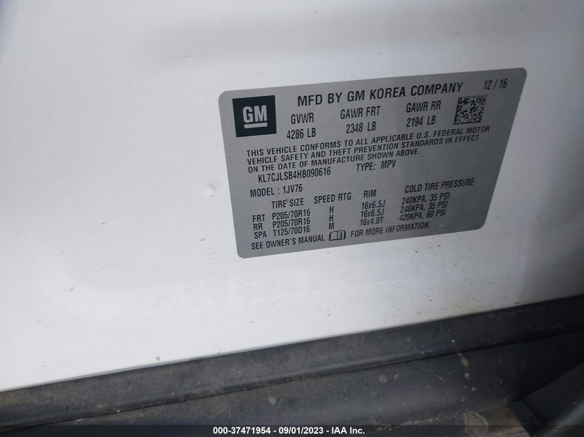 VIN KL7CJLSB4HB090616 2017 CHEVROLET TRAX 1LT
