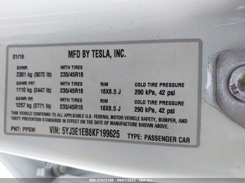 VIN 5YJ3E1EB8KF199625 2019 TESLA MODEL 3 LONG RANGE/PERFORMANCE