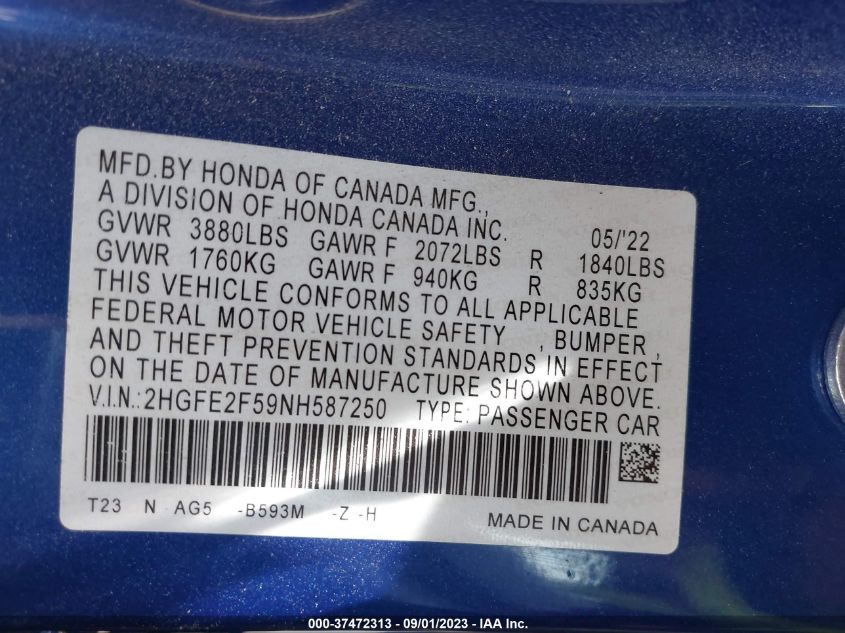 2HGFE2F59NH587250 Honda Civic Sedan SPORT 9