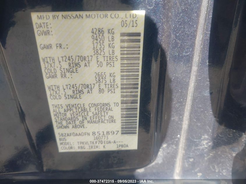 2015 NISSAN NVP SV 5BZAF0AA0FN851897