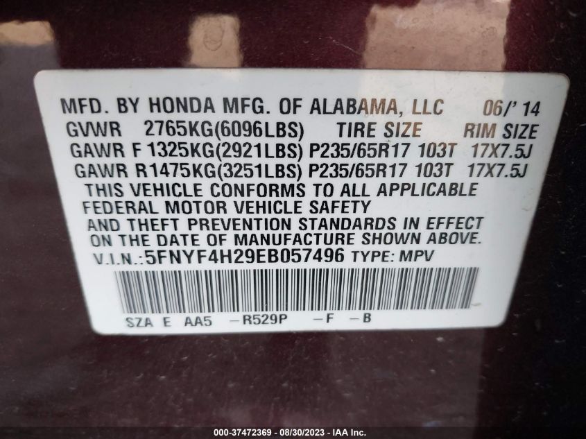 2014 HONDA PILOT LX - 5FNYF4H29EB057496