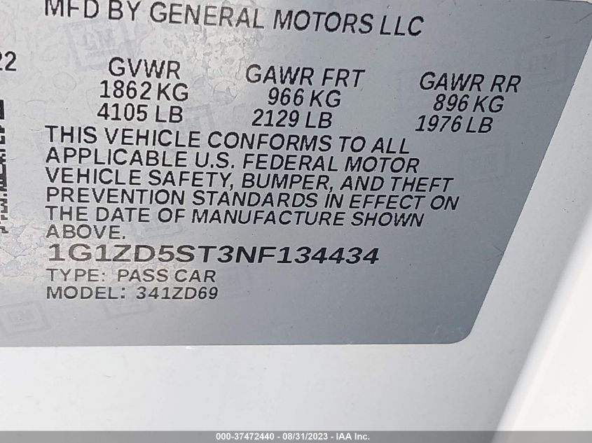 2022 CHEVROLET MALIBU LT - 1G1ZD5ST3NF134434