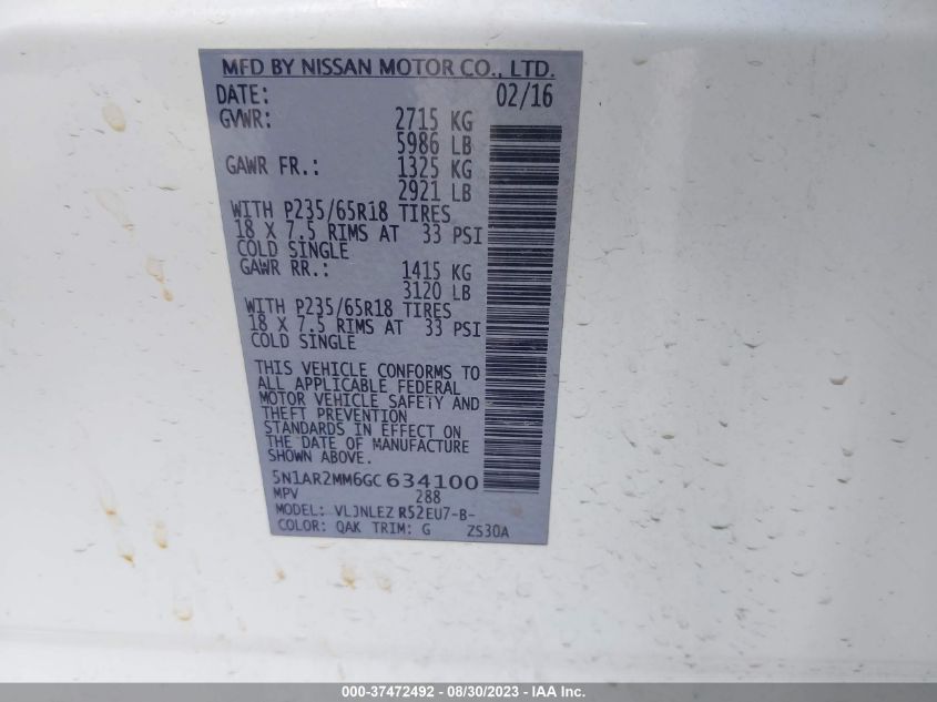 2016 NISSAN PATHFINDER S/SV/SL/PLATINUM - 5N1AR2MM6GC634100