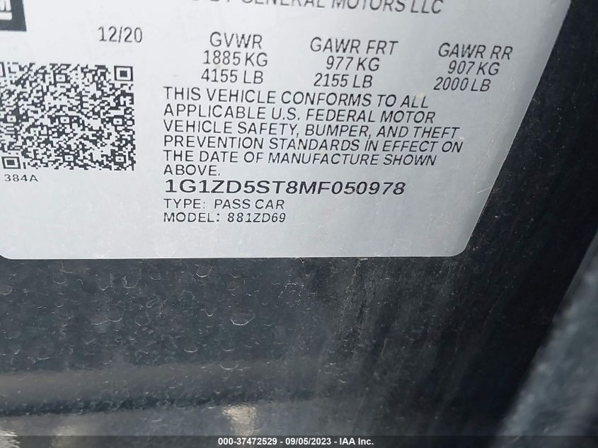 2021 CHEVROLET MALIBU LT - 1G1ZD5ST8MF050978