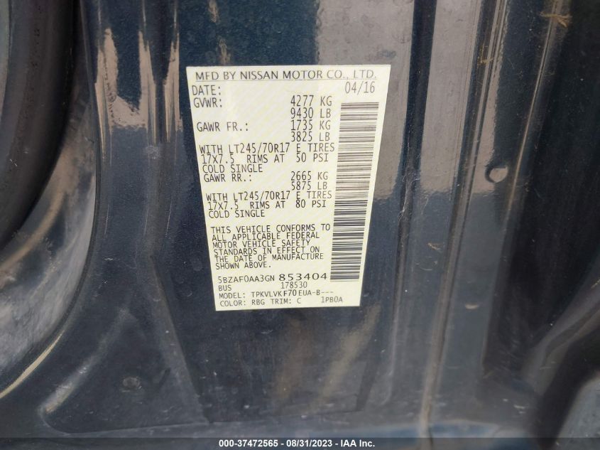 2016 NISSAN NVP SL 5BZAF0AA3GN853404