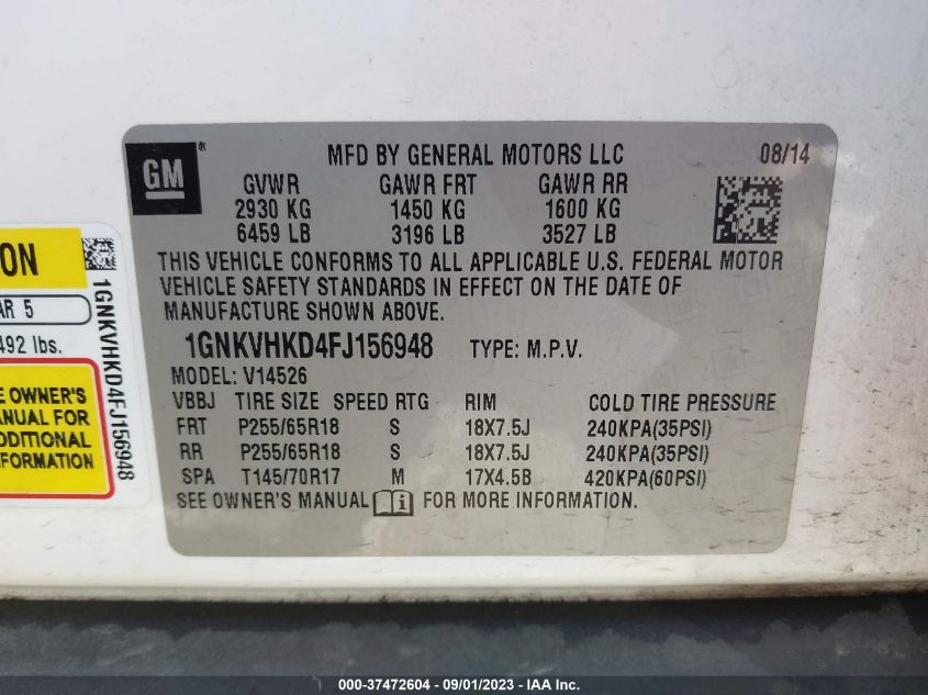 2015 CHEVROLET TRAVERSE LT - 1GNKVHKD4FJ156948
