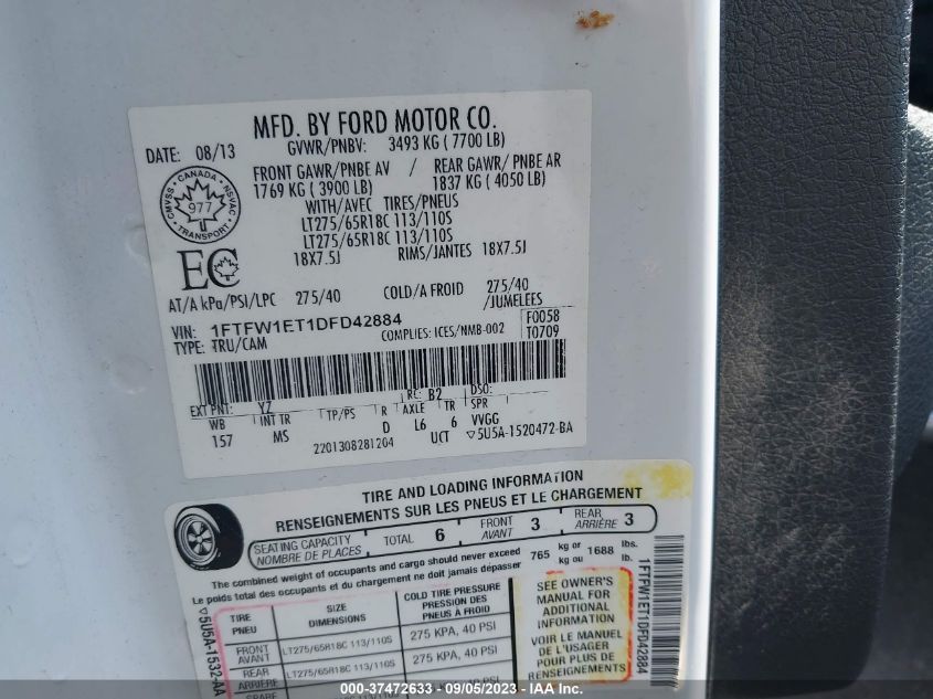 2013 FORD F-150 XL/XLT/FX4/LARIAT - 1FTFW1ET1DFD42884