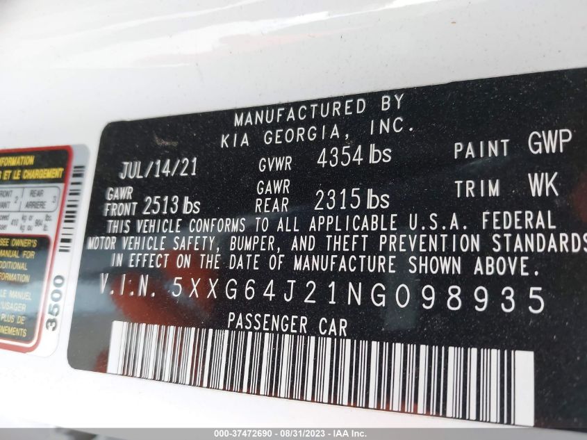 2022 KIA K5 GT LINE - 5XXG64J21NG098935