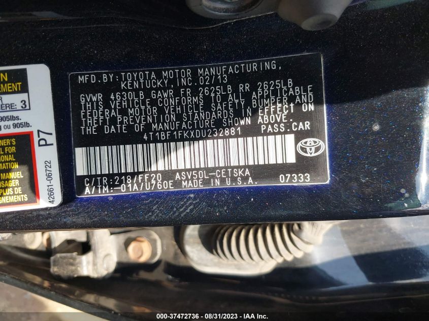 2013 TOYOTA CAMRY L/SE/LE/XLE - 4T1BF1FKXDU232881