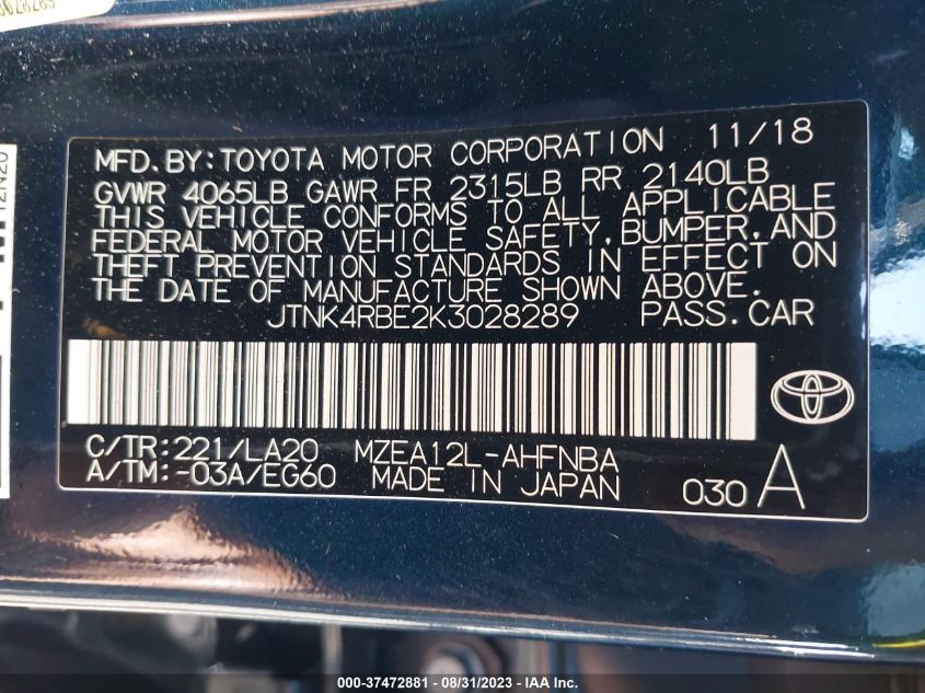 2019 TOYOTA COROLLA HATCHBACK SE/XSE JTNK4RBE2K3028289