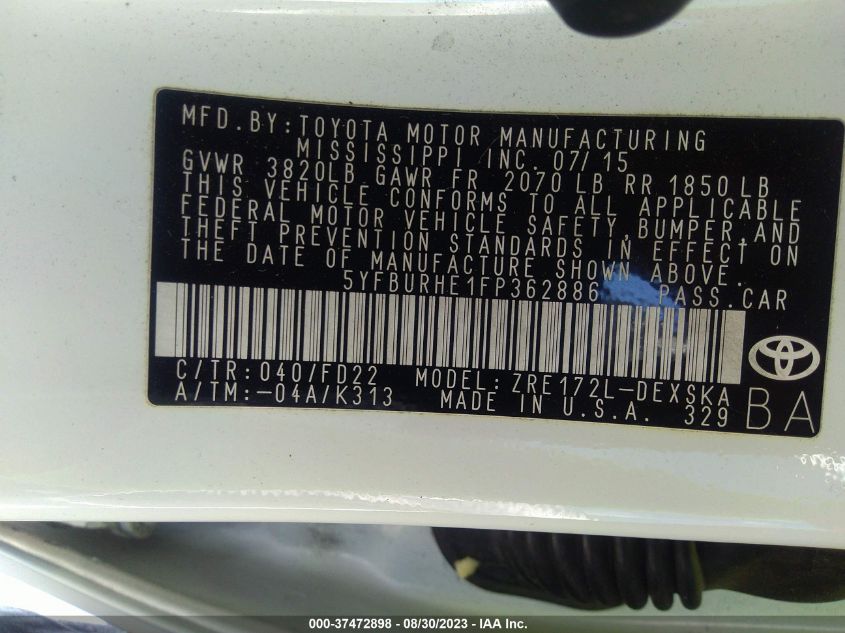2015 TOYOTA COROLLA L/LE/LE PLS/PRM/S/S PLS - 5YFBURHE1FP362886
