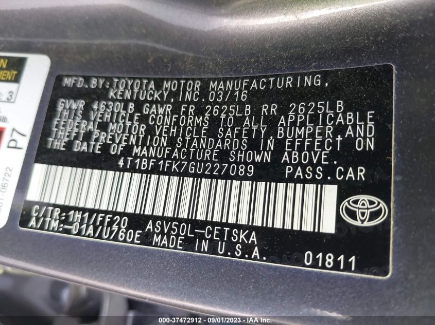 2016 TOYOTA CAMRY XLE/SE/LE/XSE - 4T1BF1FK7GU227089