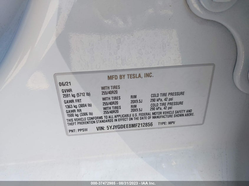 VIN 5YJYGDEE8MF212856 2021 TESLA MODEL Y LONG RANGE