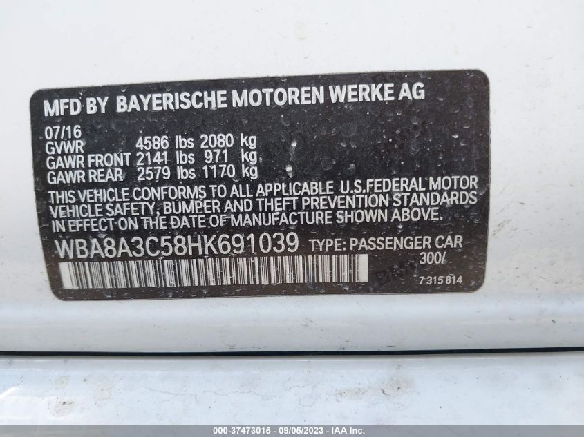 2017 BMW 320I XDRIVE WBA8A3C58HK691039