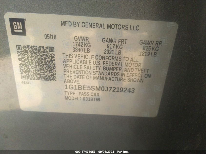 2018 CHEVROLET CRUZE LT - 1G1BE5SM0J7219243