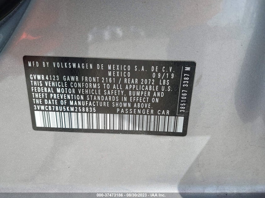 VIN 3VWCB7BU5KM258835 2019 VOLKSWAGEN JETTA S/SE/R-LINE