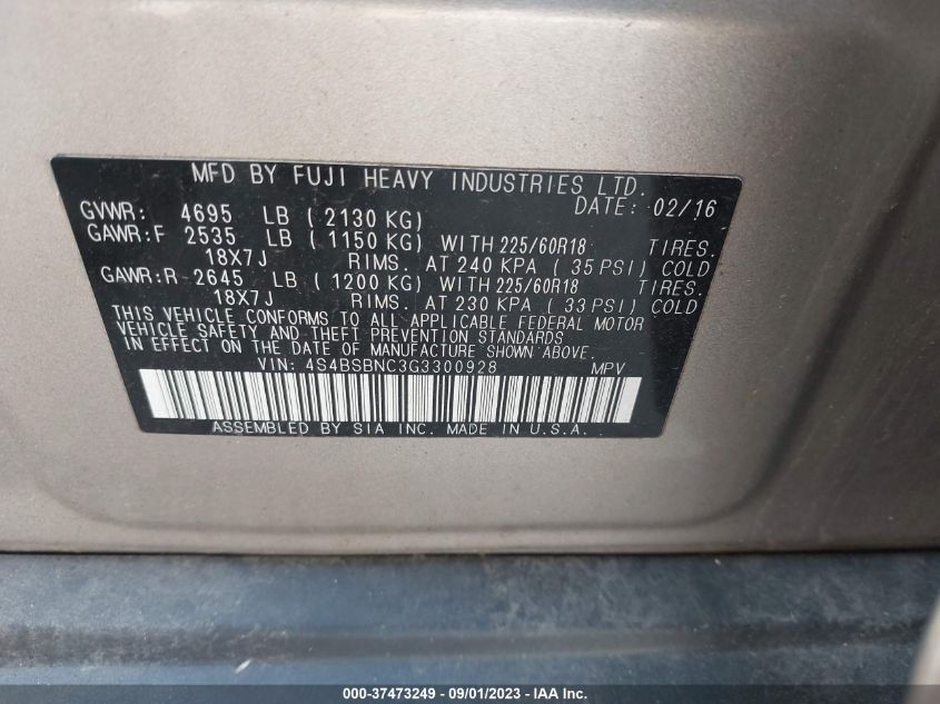 2016 SUBARU OUTBACK 2.5I LIMITED - 4S4BSBNC3G3300928