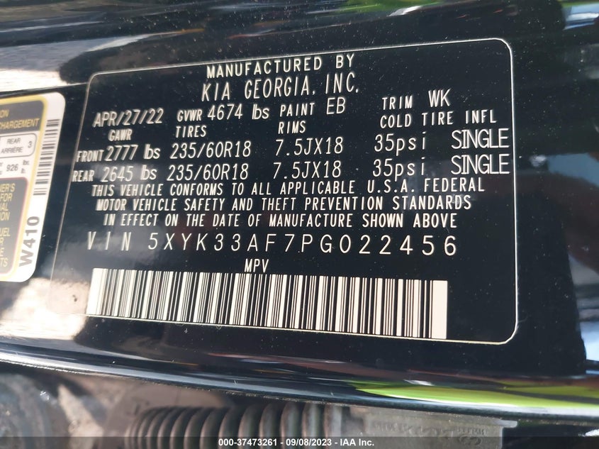 VIN 5XYK33AF7PG022456 2023 KIA SPORTAGE EX