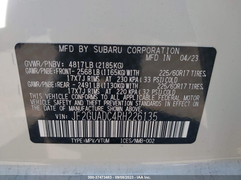 VIN JF2GUADC4RH226135 2024 SUBARU CROSSTREK PREMIUM