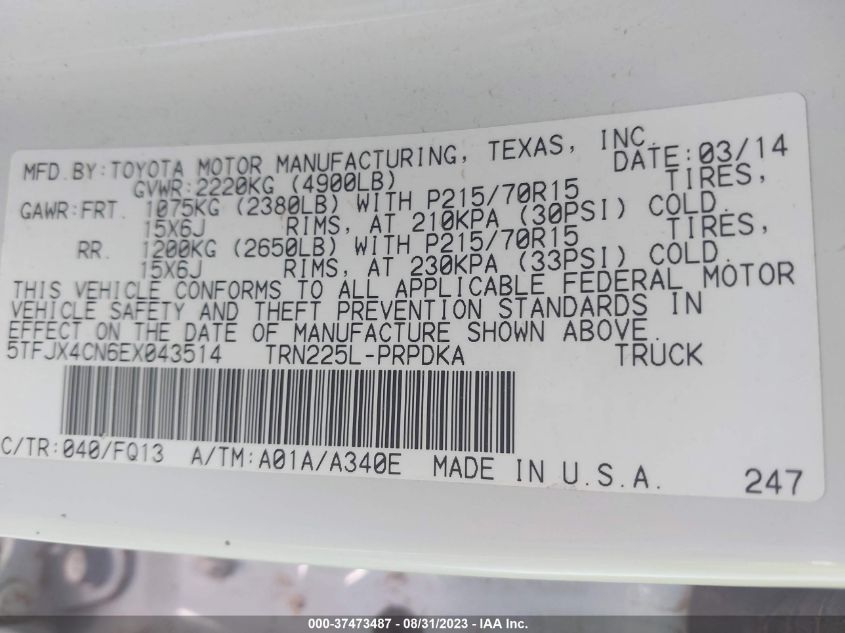 2014 TOYOTA TACOMA - 5TFJX4CN6EX043514