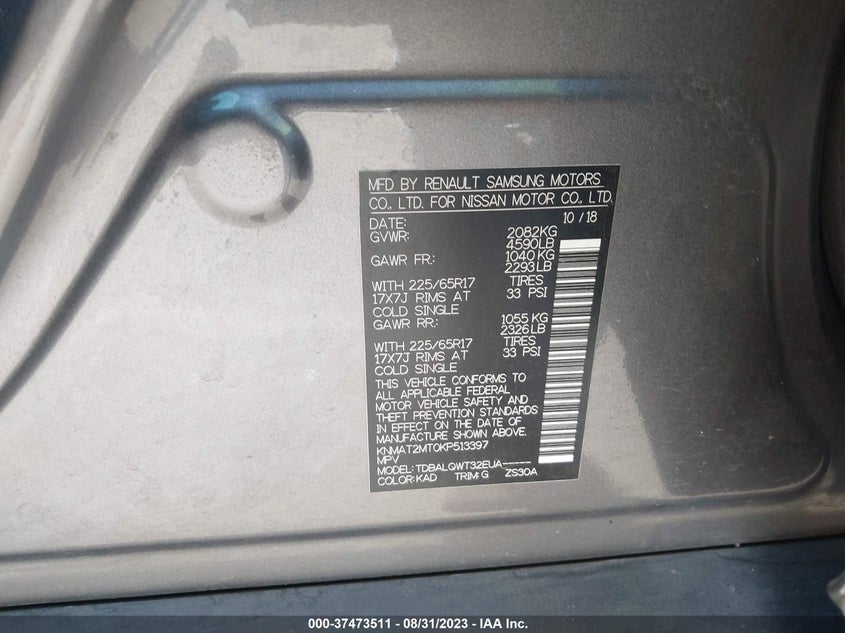 VIN KNMAT2MT0KP513397 2019 NISSAN ROGUE SV