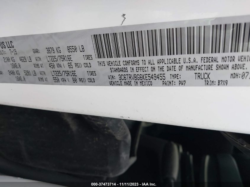 2019 RAM PROMASTER 1500 136" WB - 3C6TRVBG6KE549455