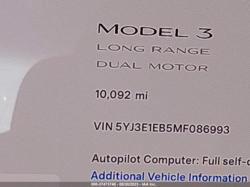 2021 TESLA MODEL 3 LONG RANGE - 5YJ3E1EB5MF086993