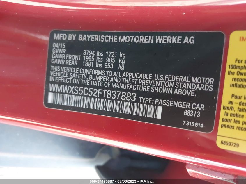 2015 MINI COOPER HARDTOP 4 DOOR WMWXS5C52FT837883