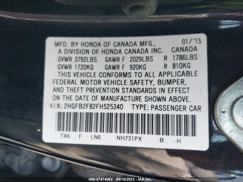 2015 HONDA CIVIC SEDAN EX - 2HGFB2F82FH525340