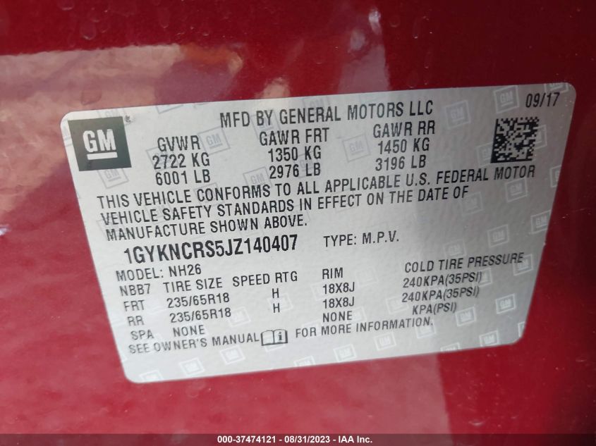 2018 CADILLAC XT5 LUXURY FWD - 1GYKNCRS5JZ140407