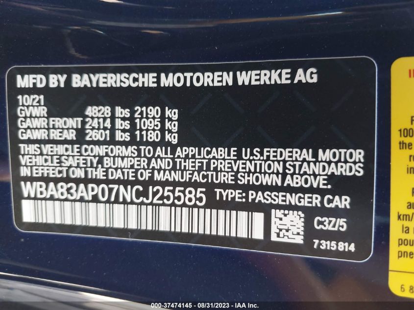 WBA83AP07NCJ25585 BMW 4 Series M440I 9