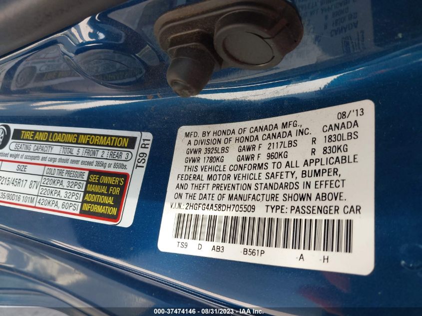2013 HONDA CIVIC CPE SI 2HGFG4A58DH705509