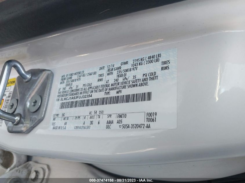 2015 LINCOLN MKC - 5LMCJ1A93FUJ32354