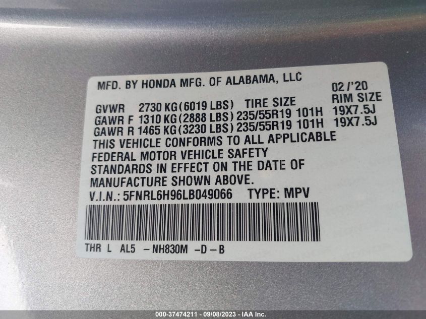 5FNRL6H96LB049066 2020 HONDA ODYSSEY, photo no. 9