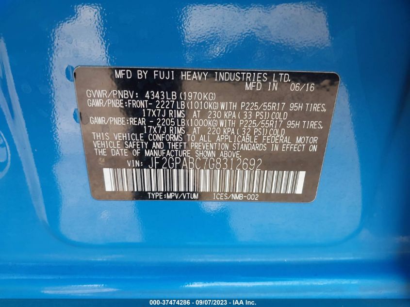 2016 SUBARU CROSSTREK PREMIUM - JF2GPABC7G8312692