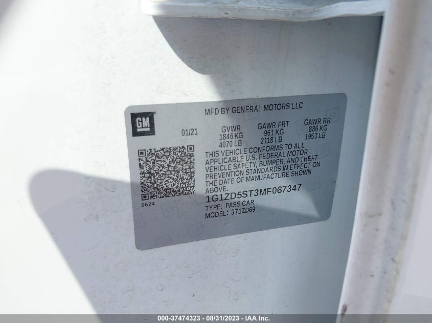 2021 CHEVROLET MALIBU LT - 1G1ZD5ST3MF067347
