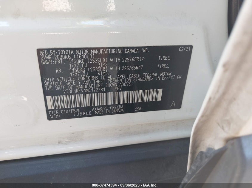VIN 2T3H1RFV1MC122781 2021 TOYOTA RAV4 LE