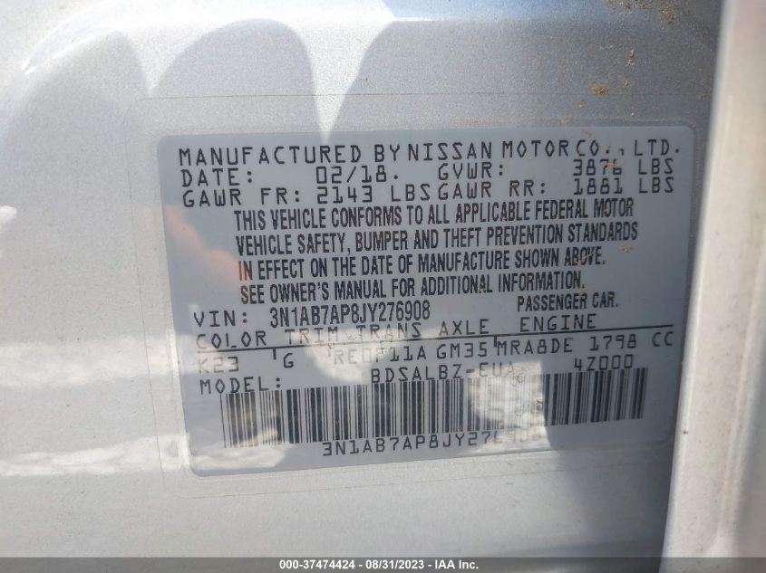 2018 NISSAN SENTRA S/SV/SR/SL - 3N1AB7AP8JY276908