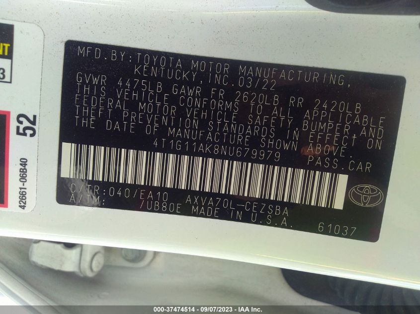 2022 TOYOTA CAMRY SE - 4T1G11AK8NU679979